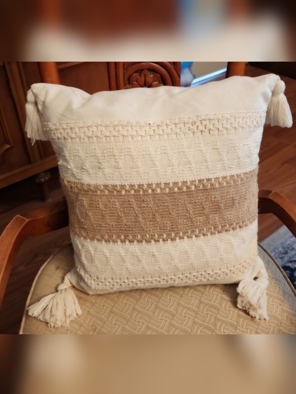 Textured Tassel Accent Pillow in Cream and Tan